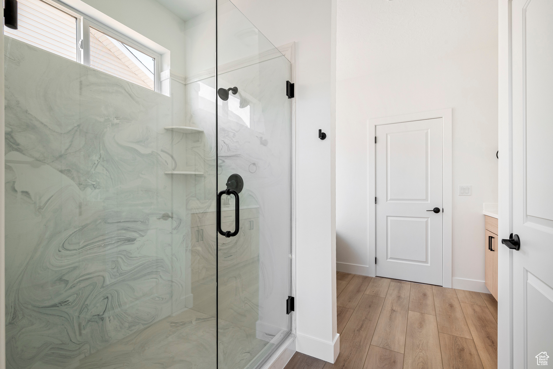 Bathroom featuring walk in shower, hardwood / wood-style flooring, and vanity