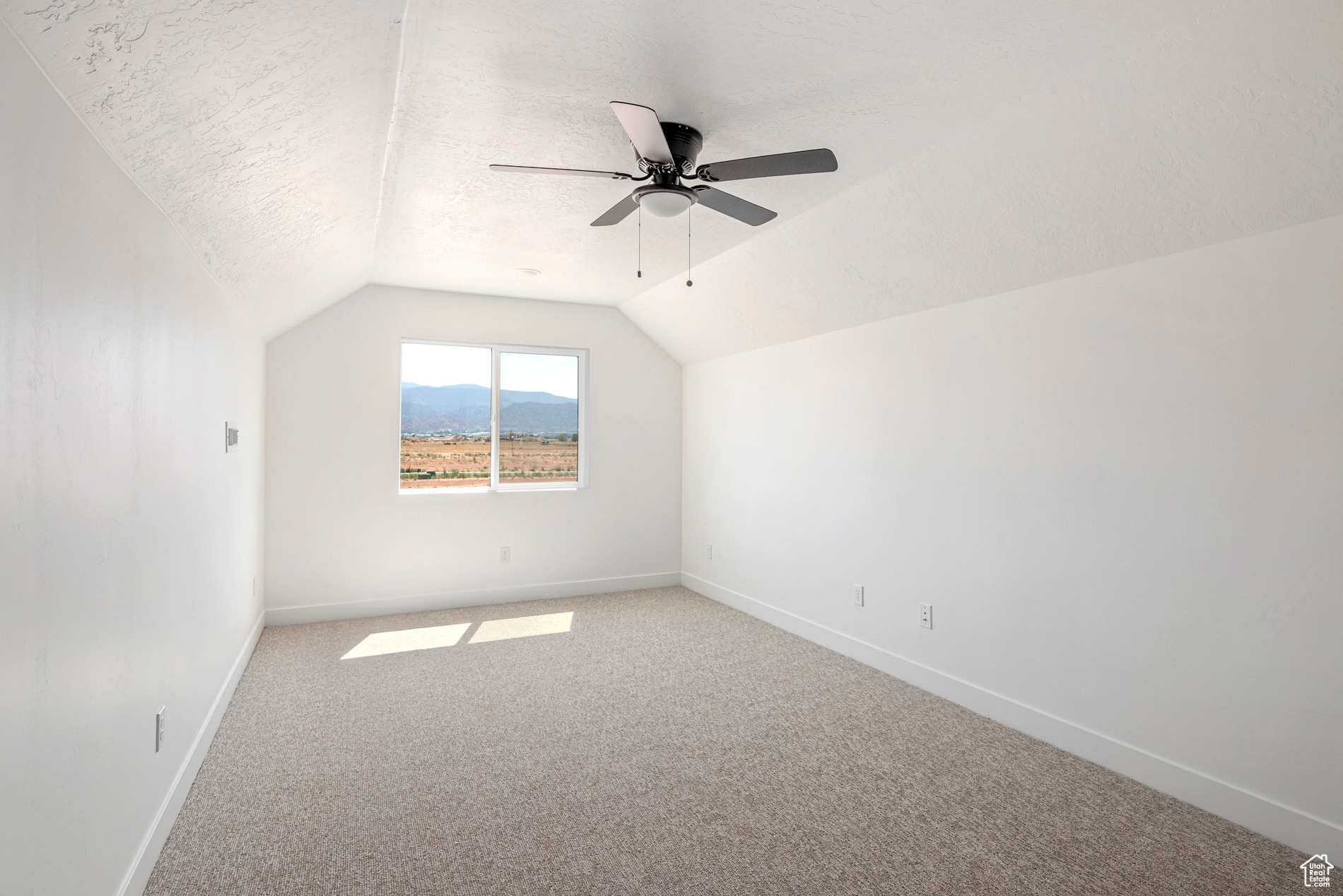 Additional living space featuring a textured ceiling, carpet flooring, lofted ceiling, and ceiling fan