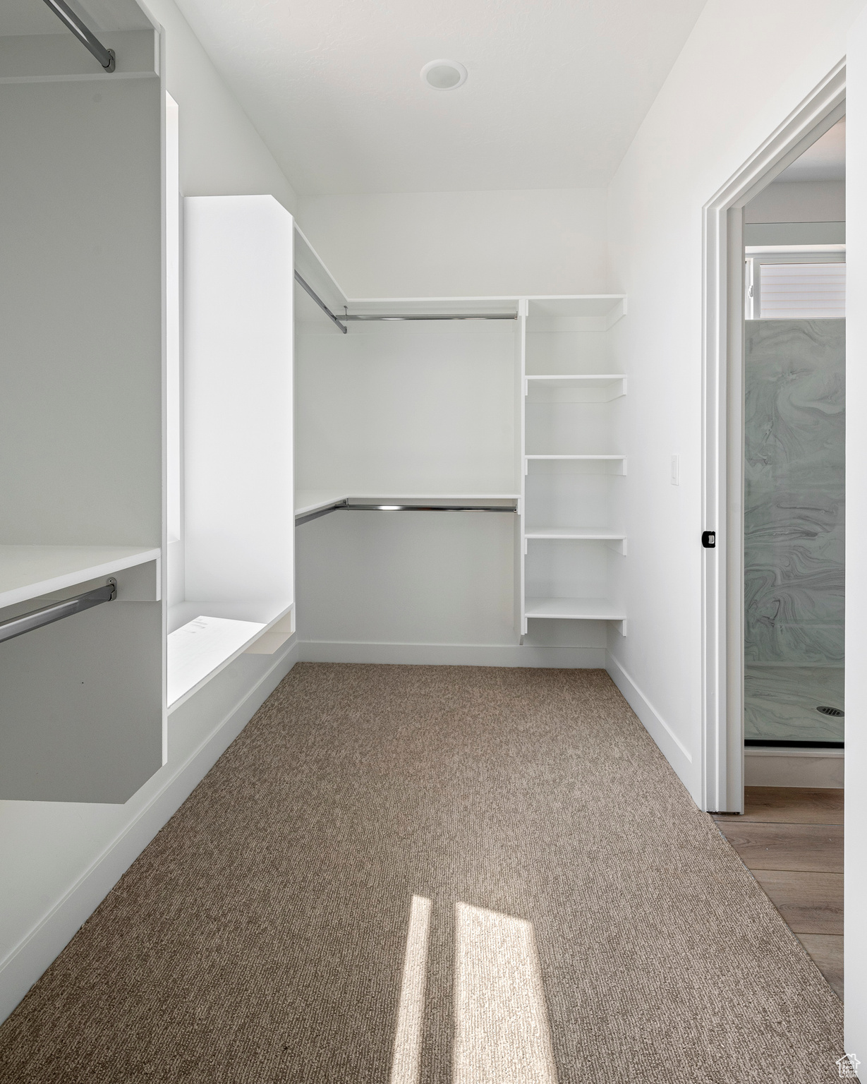 Walk in closet with hardwood / wood-style floors