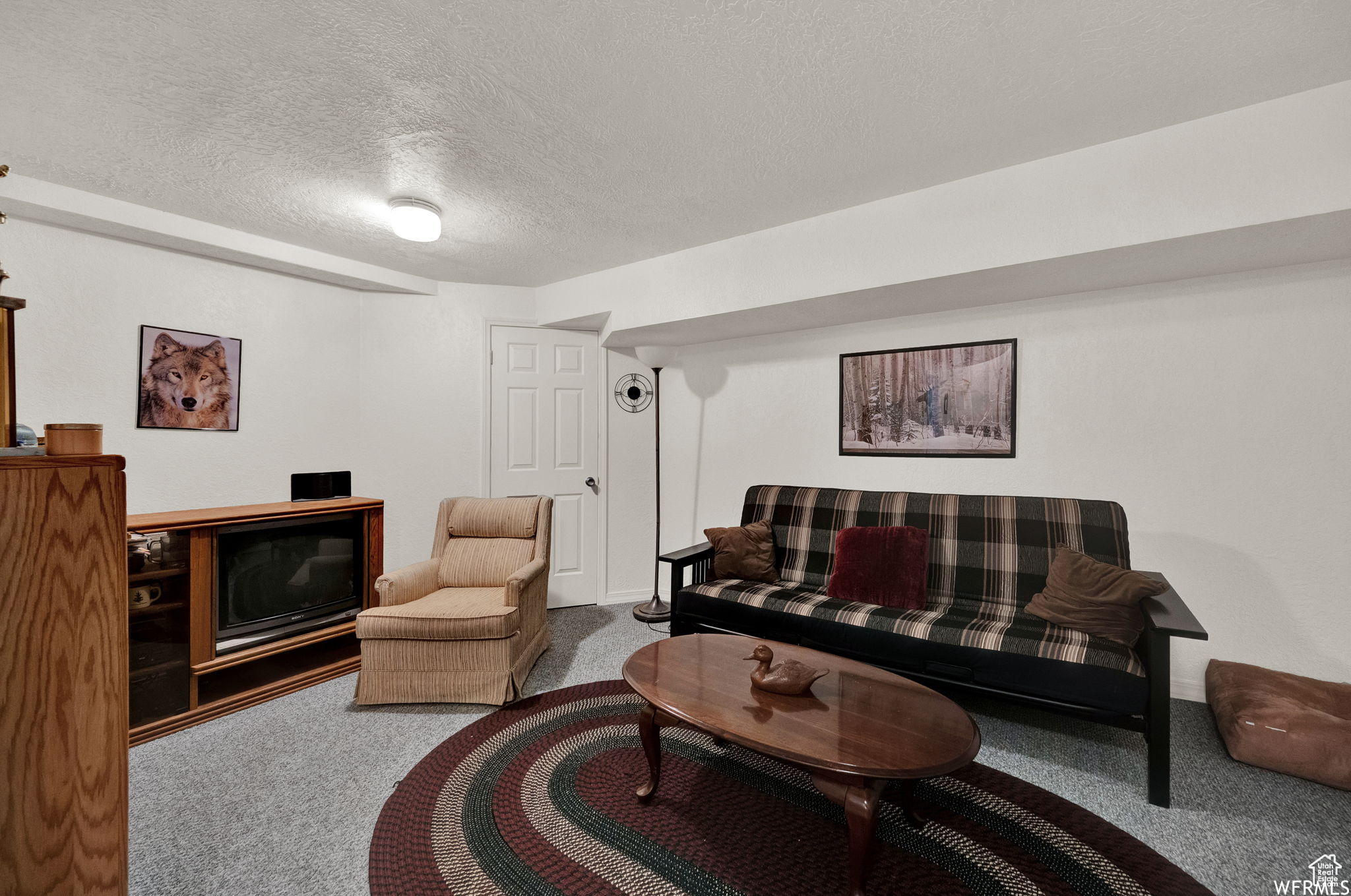 Living room featuring carpet and a textured ceiling