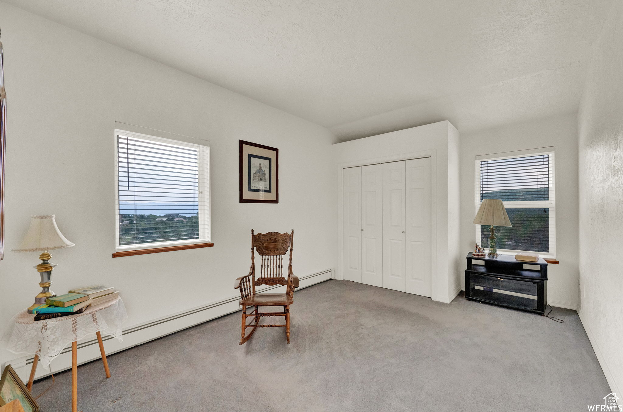 Sitting room with carpet and a baseboard radiator