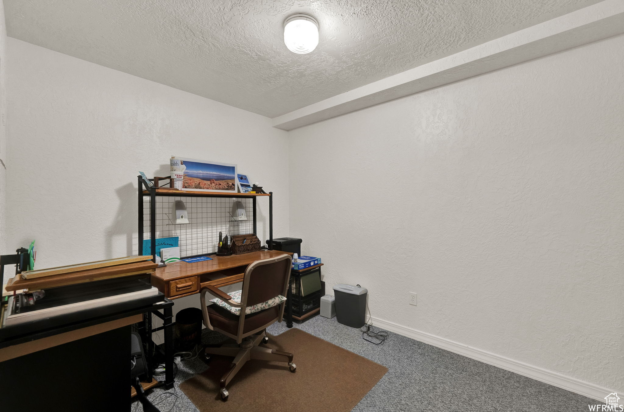 Office area with carpet and a textured ceiling