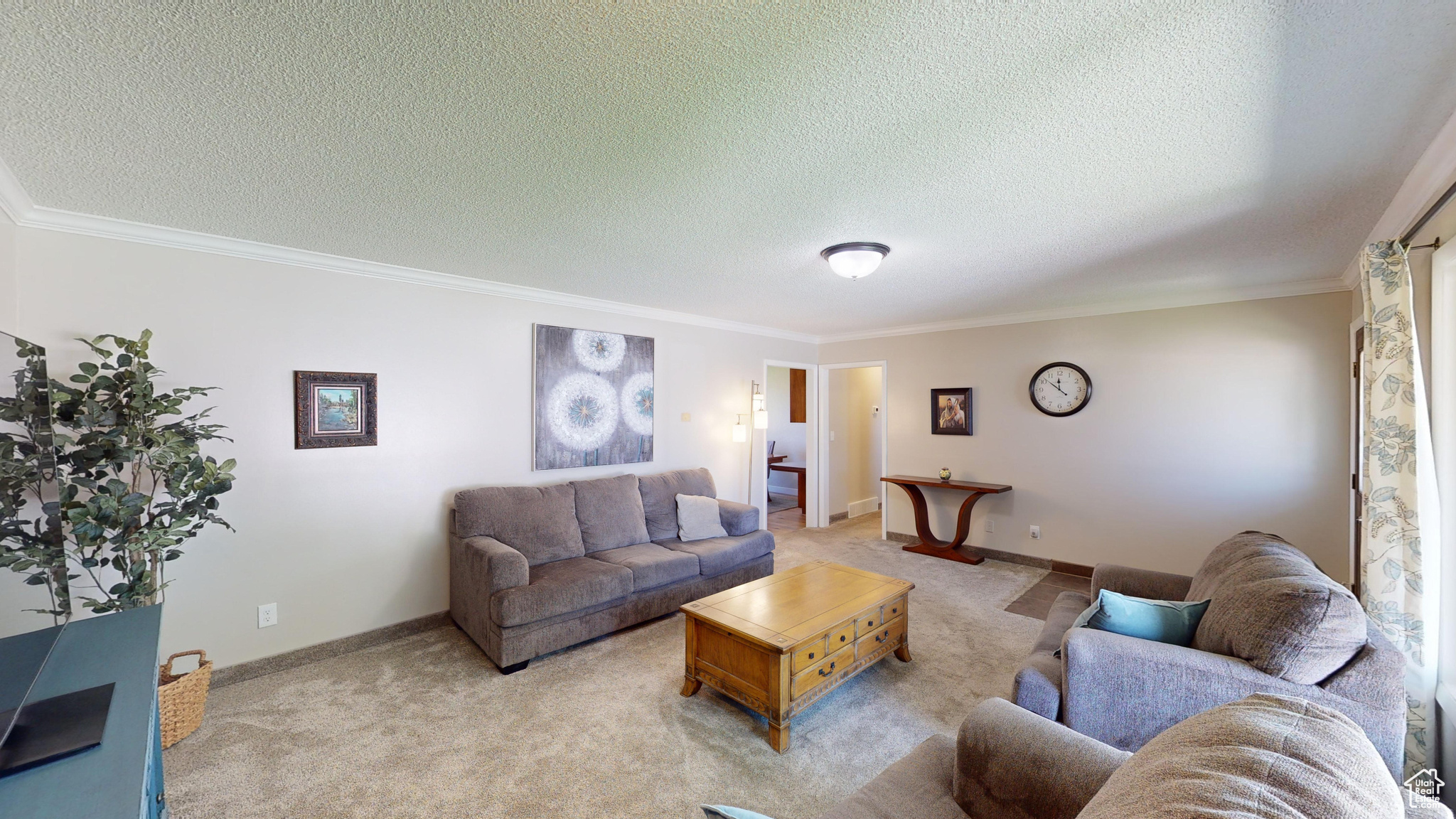 Carpeted living room with crown molding and a textured ceiling