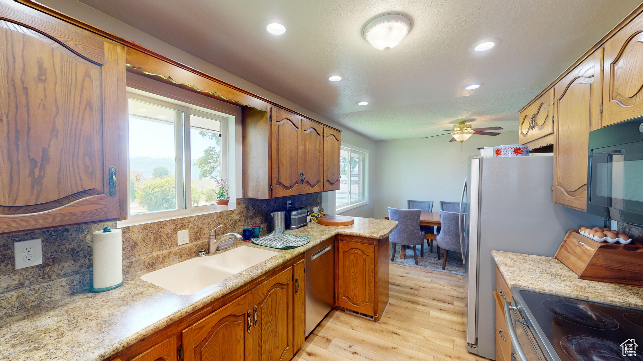 Kitchen with stainless steel dishwasher, light hardwood / wood-style flooring, sink, tasteful backsplash, and ceiling fan