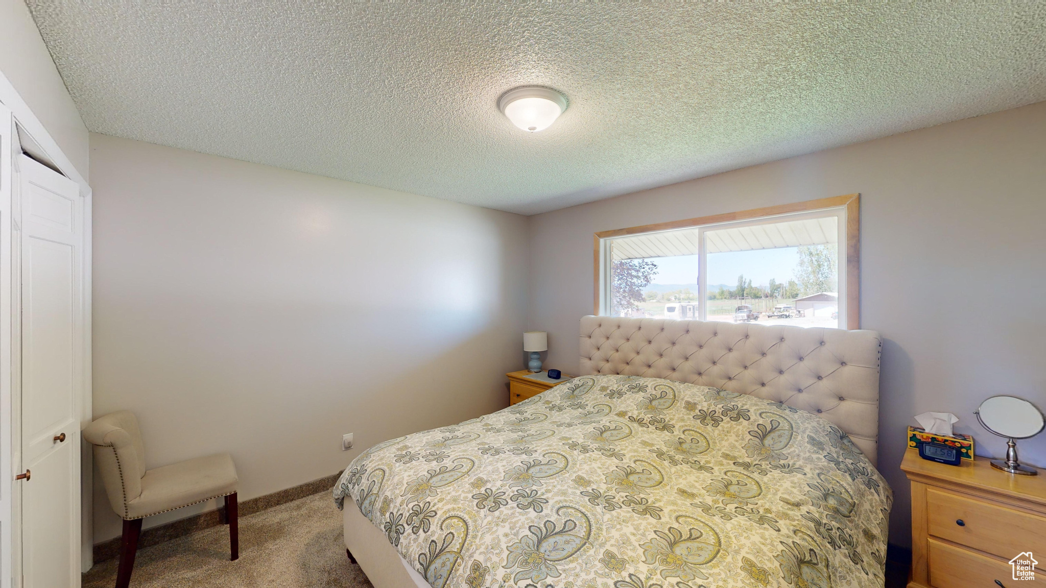 Bedroom featuring carpet, a closet, and a textured ceiling