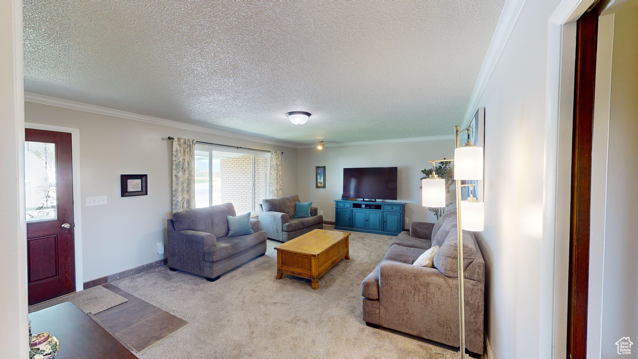 Living room featuring ornamental molding, carpet flooring, and a textured ceiling