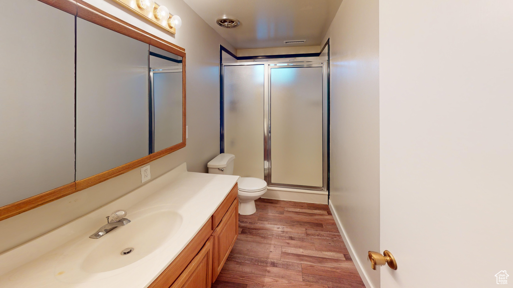 Bathroom featuring an enclosed shower, oversized vanity, toilet, and hardwood / wood-style flooring