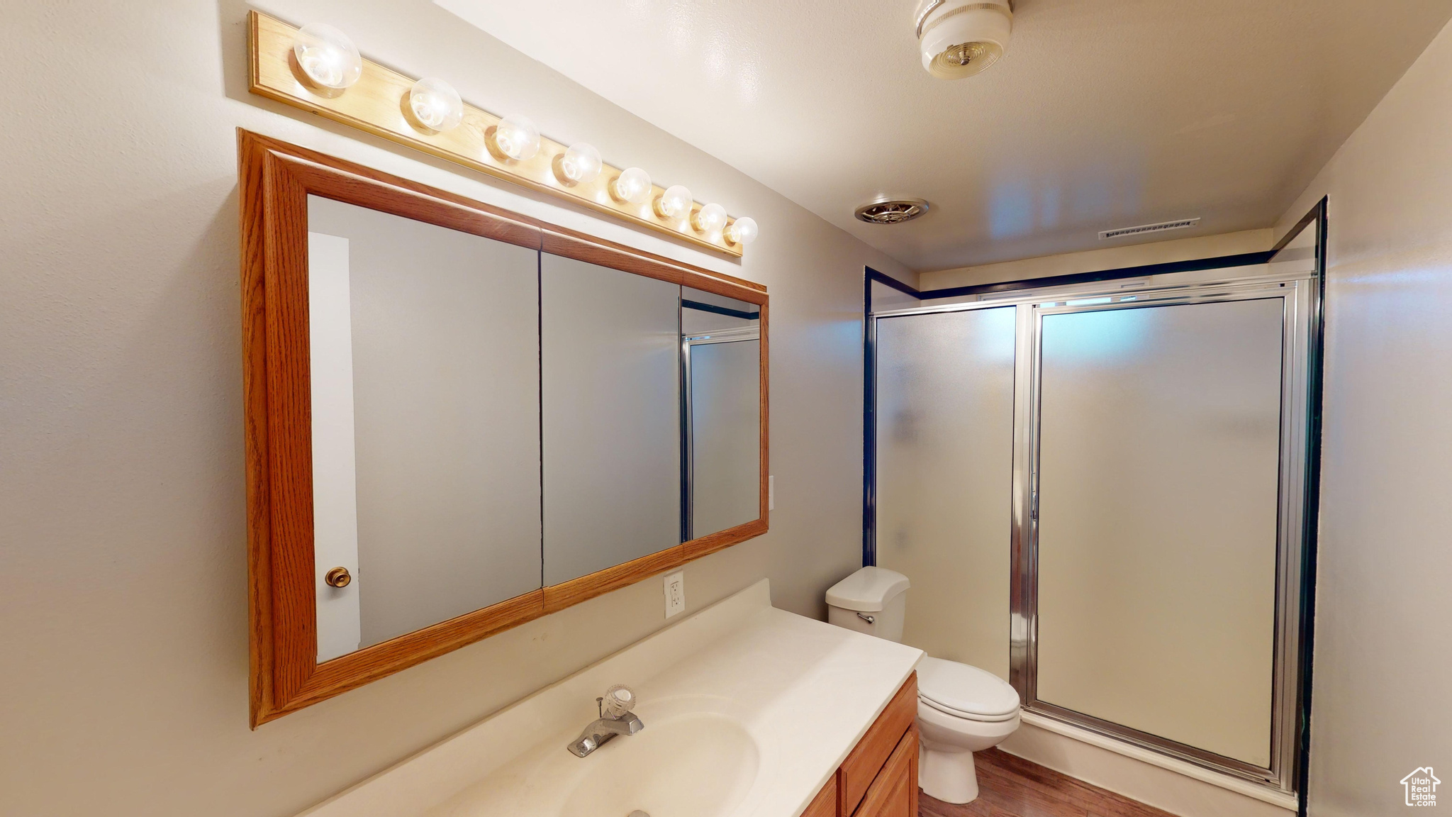 Bathroom with wood-type flooring, oversized vanity, toilet, and walk in shower