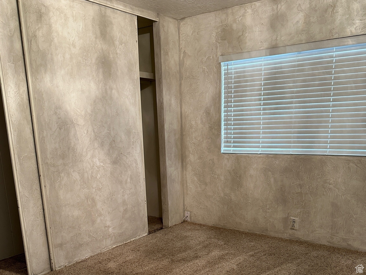 Unfurnished bedroom featuring a textured ceiling, carpet flooring, and a closet