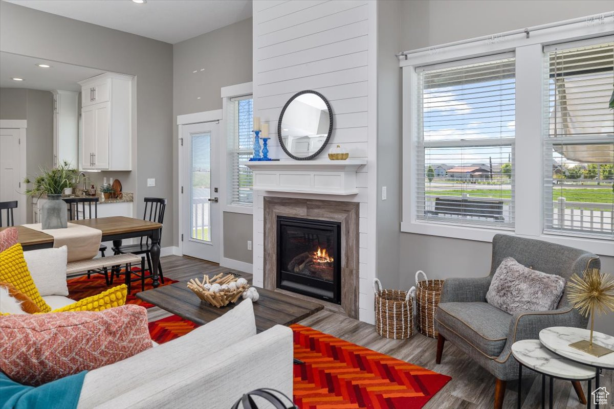 Living room with dark wood-type flooring