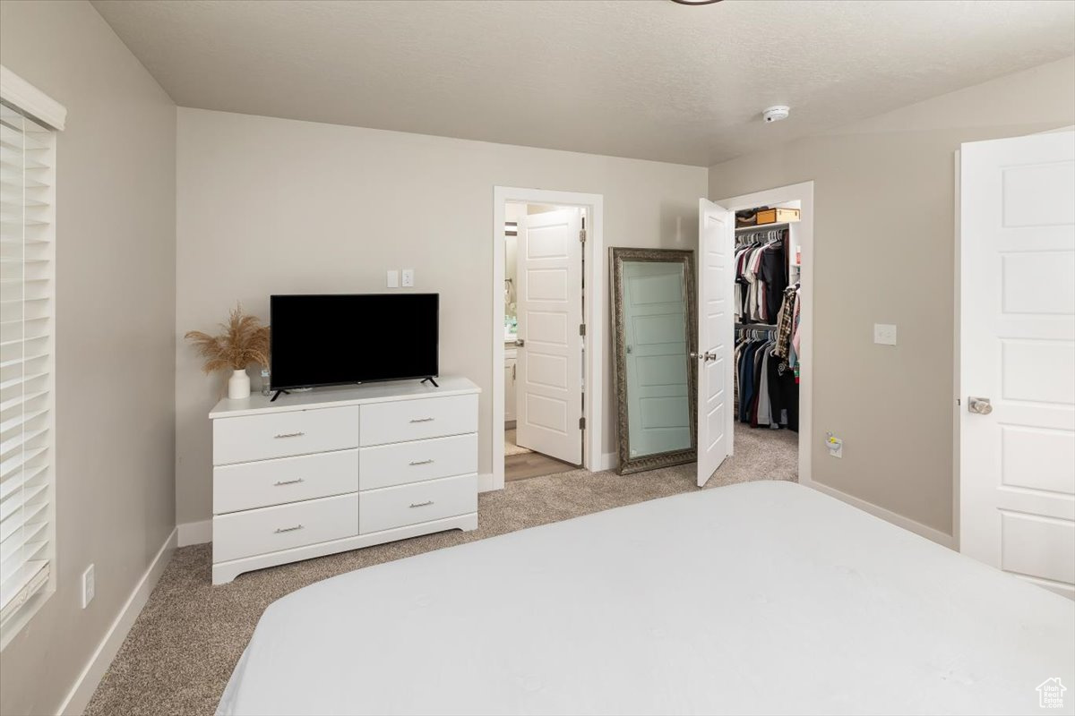 Carpeted bedroom with ensuite bathroom, a closet, and a walk in closet