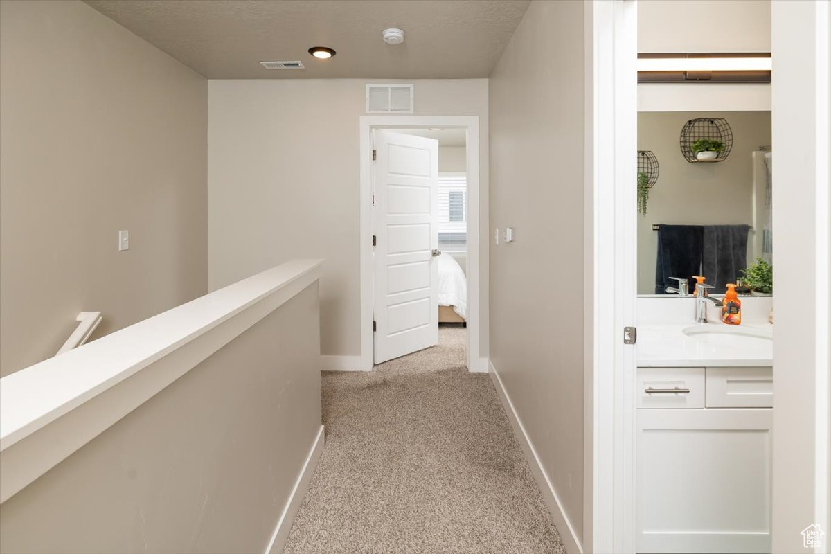 Corridor with sink and light colored carpet