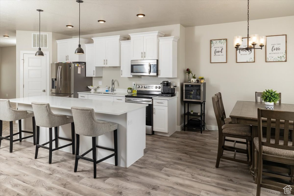 Kitchen featuring light hardwood / wood-style flooring, stainless steel appliances, a center island, white cabinets, and pendant lighting