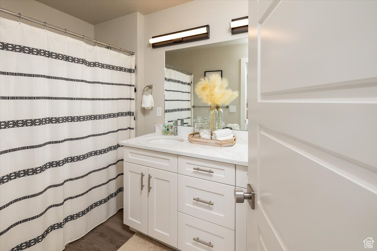 Bathroom with hardwood / wood-style floors and large vanity