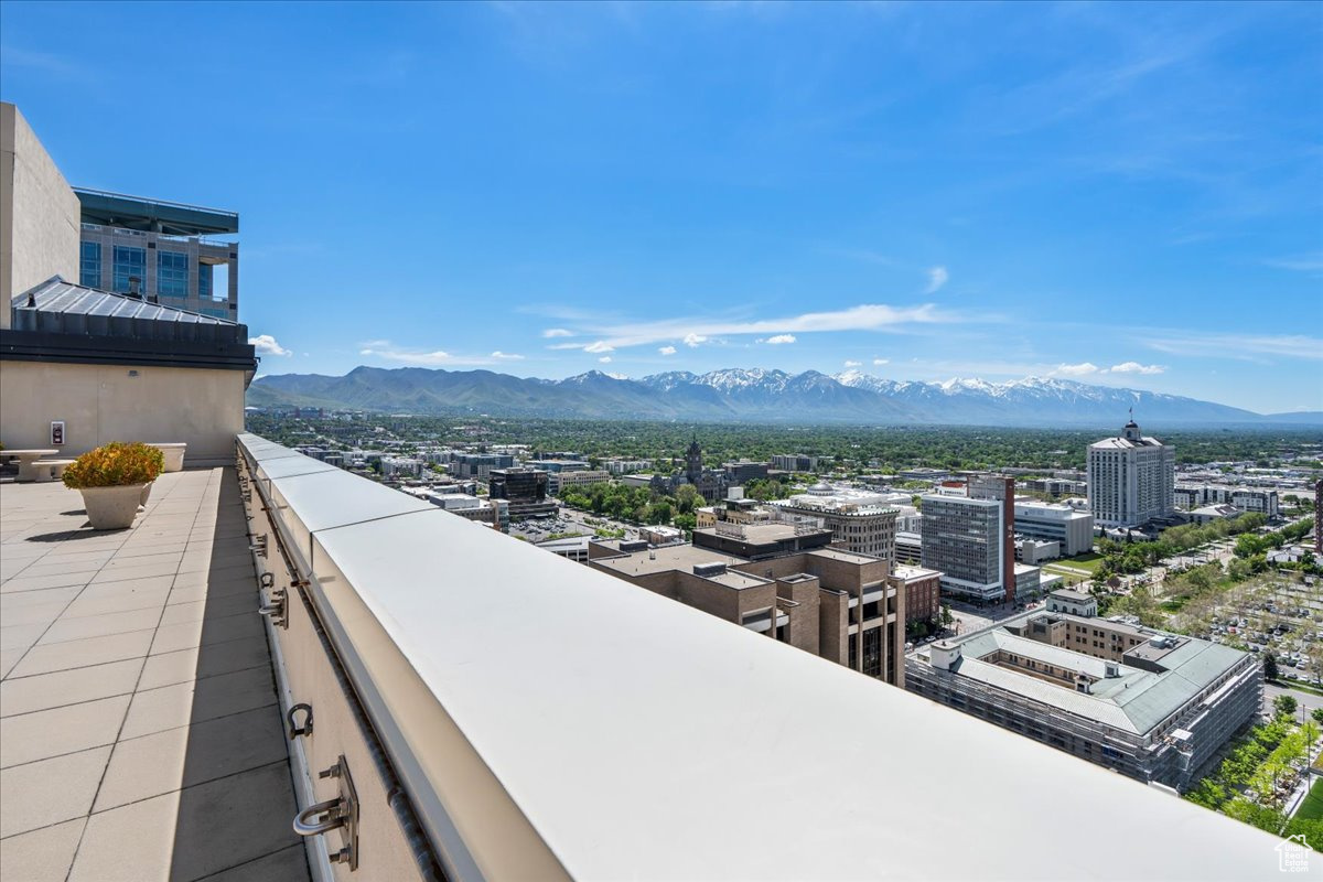 View of patio / terrace with a mountain view