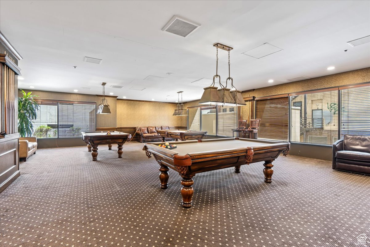 Rec room with billiards and carpet floors