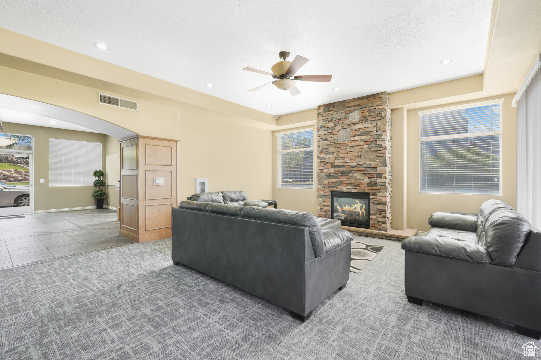 Clubhouse featuring a stone fireplace, ceiling fan, and carpet