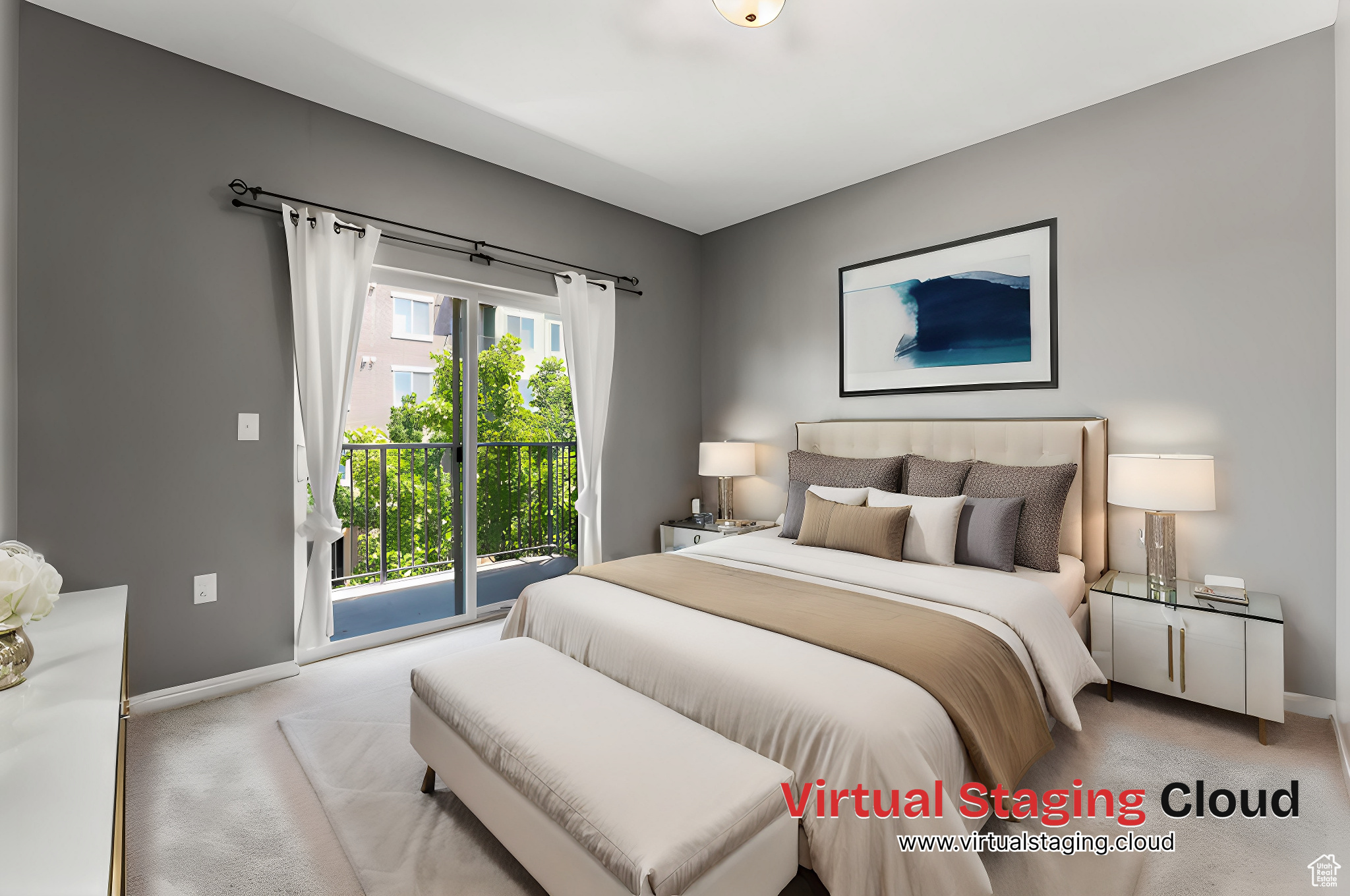 Carpeted bedroom featuring access to exterior. Master Bedroom Virtual Staging options