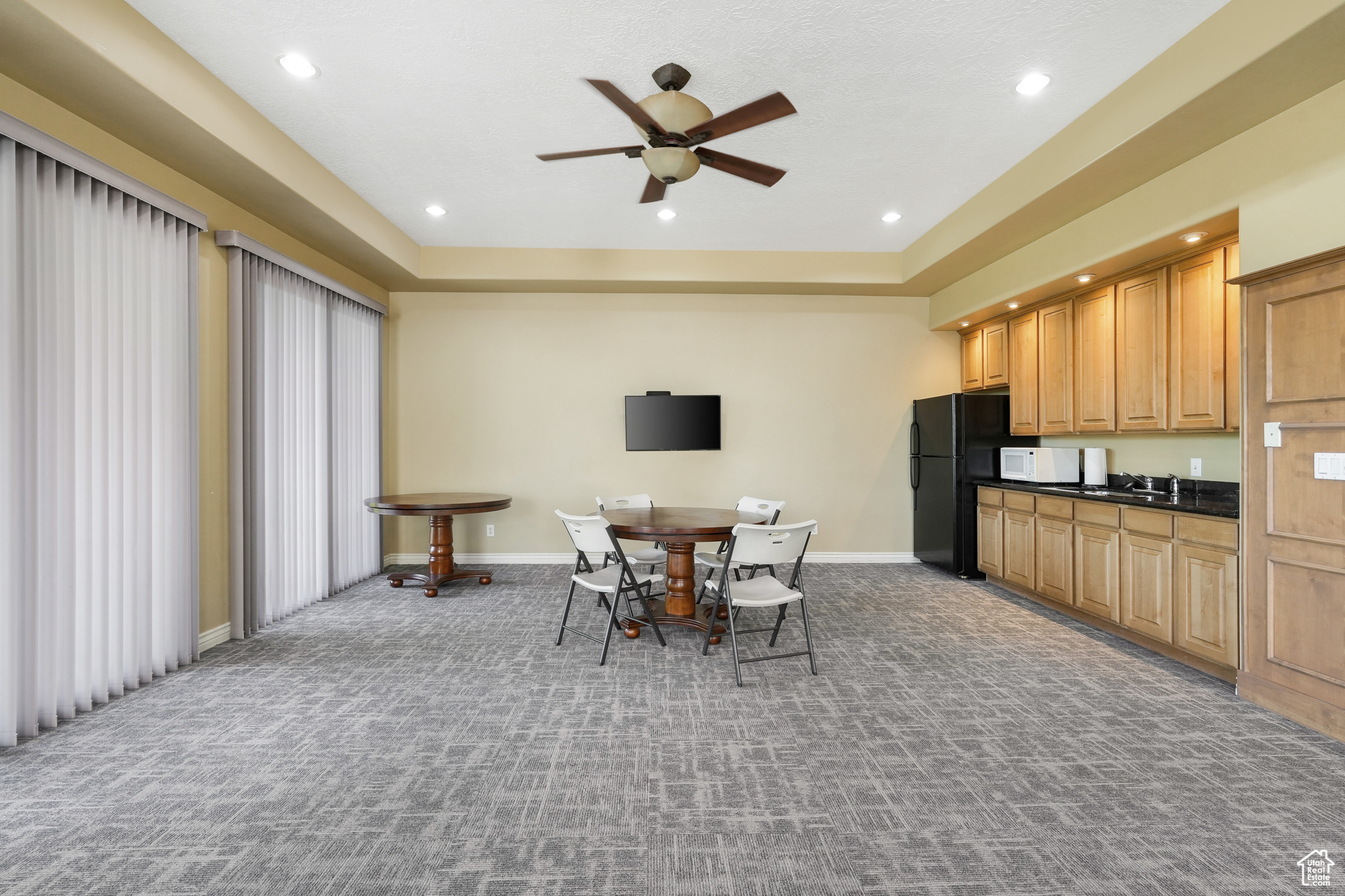 Club house with a raised ceiling, carpet, ceiling fan, sink, microwave and fridge. Great for hosting a party