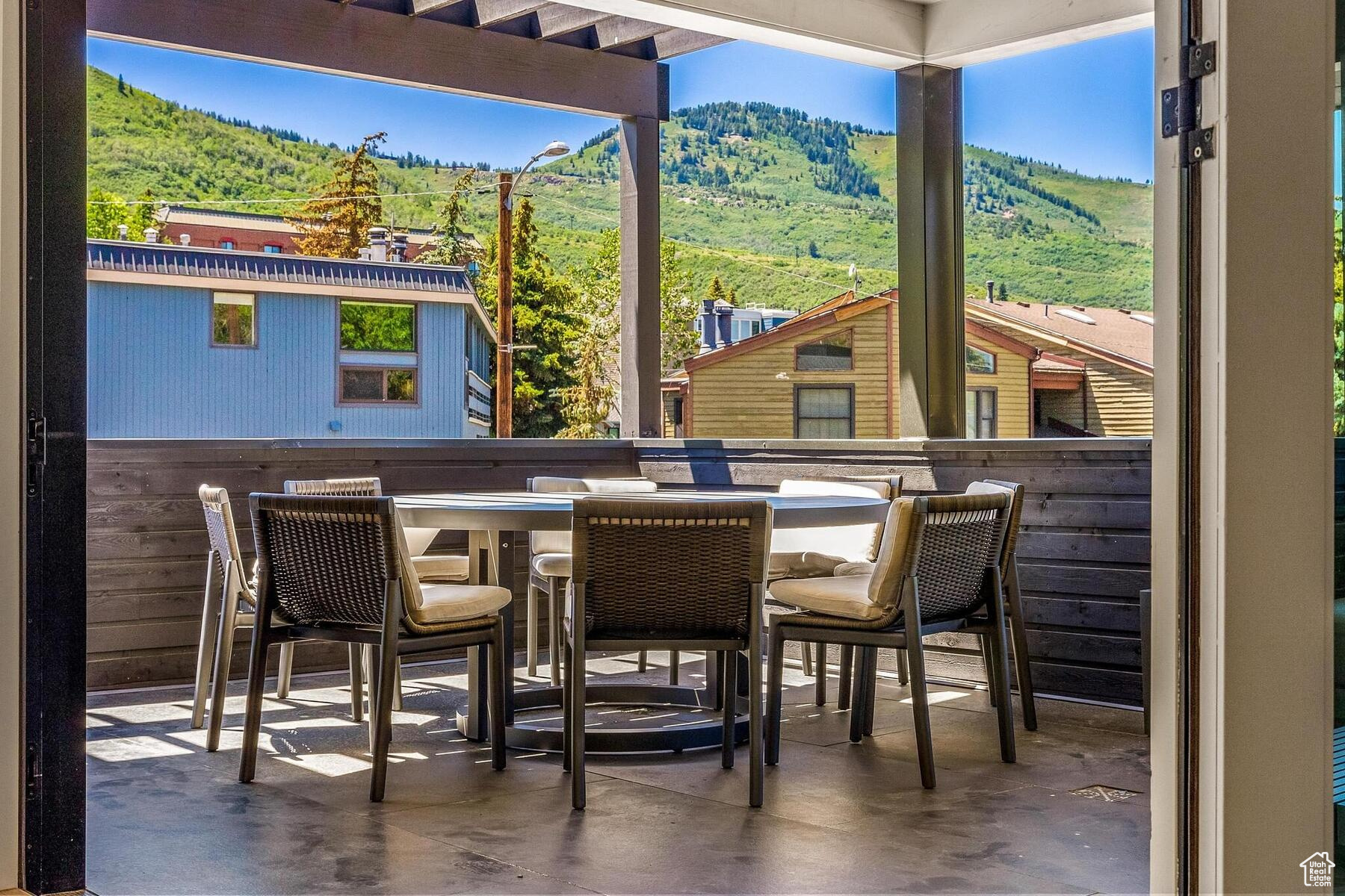 View of terrace with a mountain view