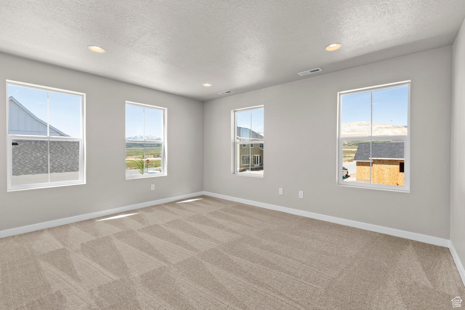 Carpeted spare room featuring a healthy amount of sunlight and a textured ceiling