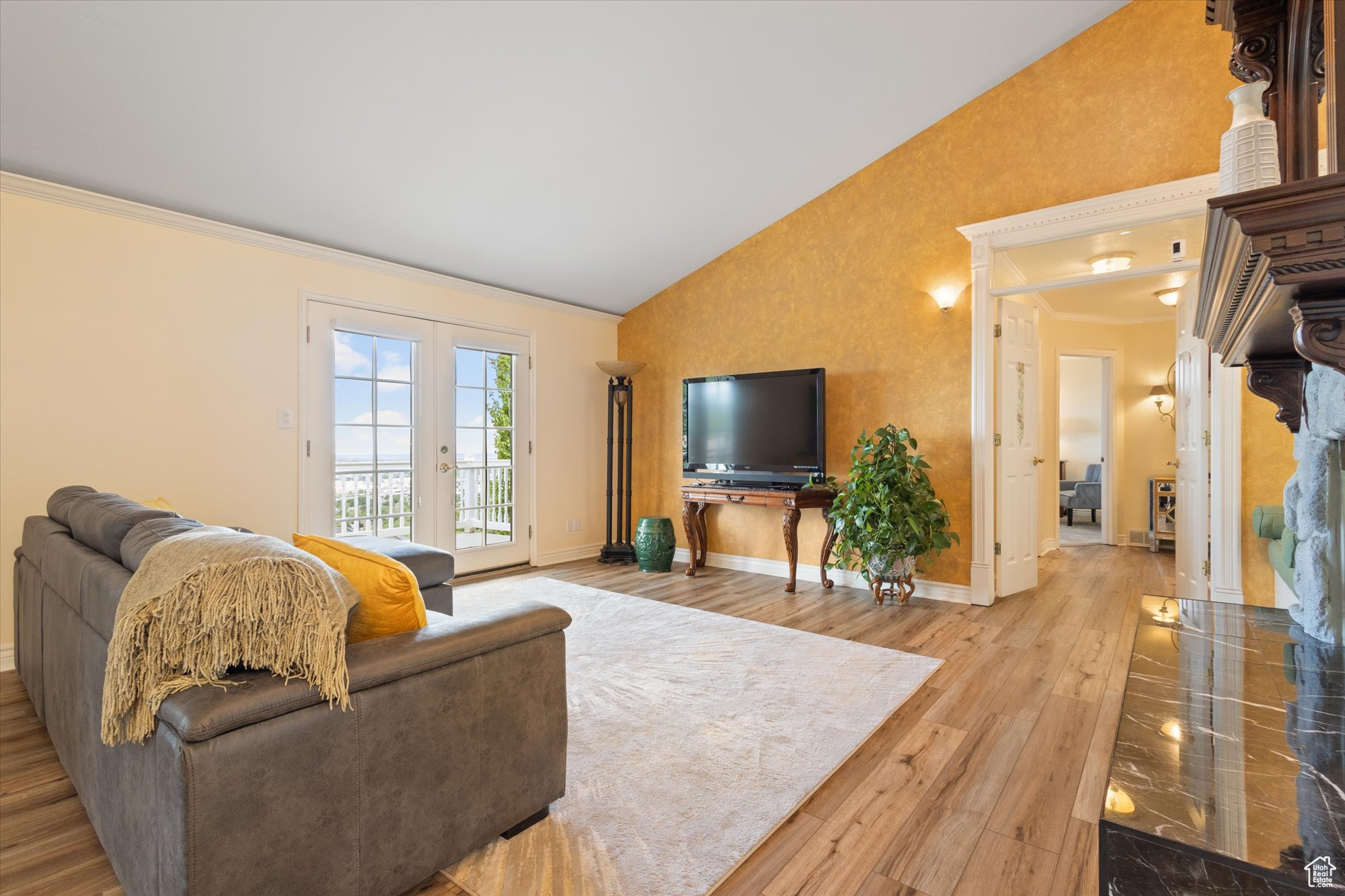 Living room featuring high vaulted ceiling, french doors, and hardwood / wood-style flooring