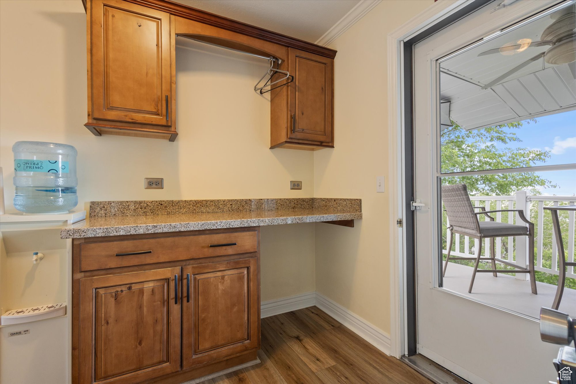 Pantry featuring granite counters, dark hardwood / wood-style flooring, and ornamental molding