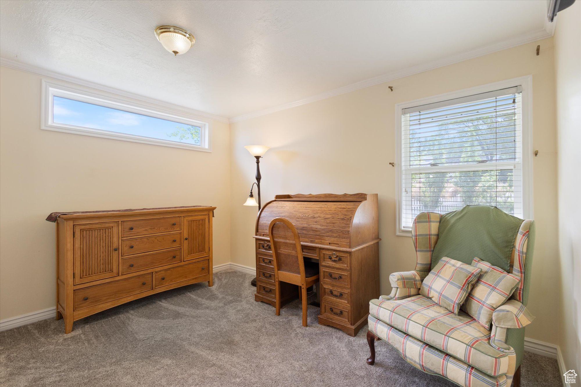 Living area with a healthy amount of sunlight, ornamental molding, and carpet floors