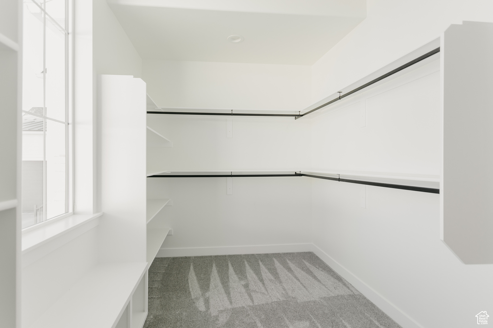 Spacious upstairs walk-in closet featuring carpet