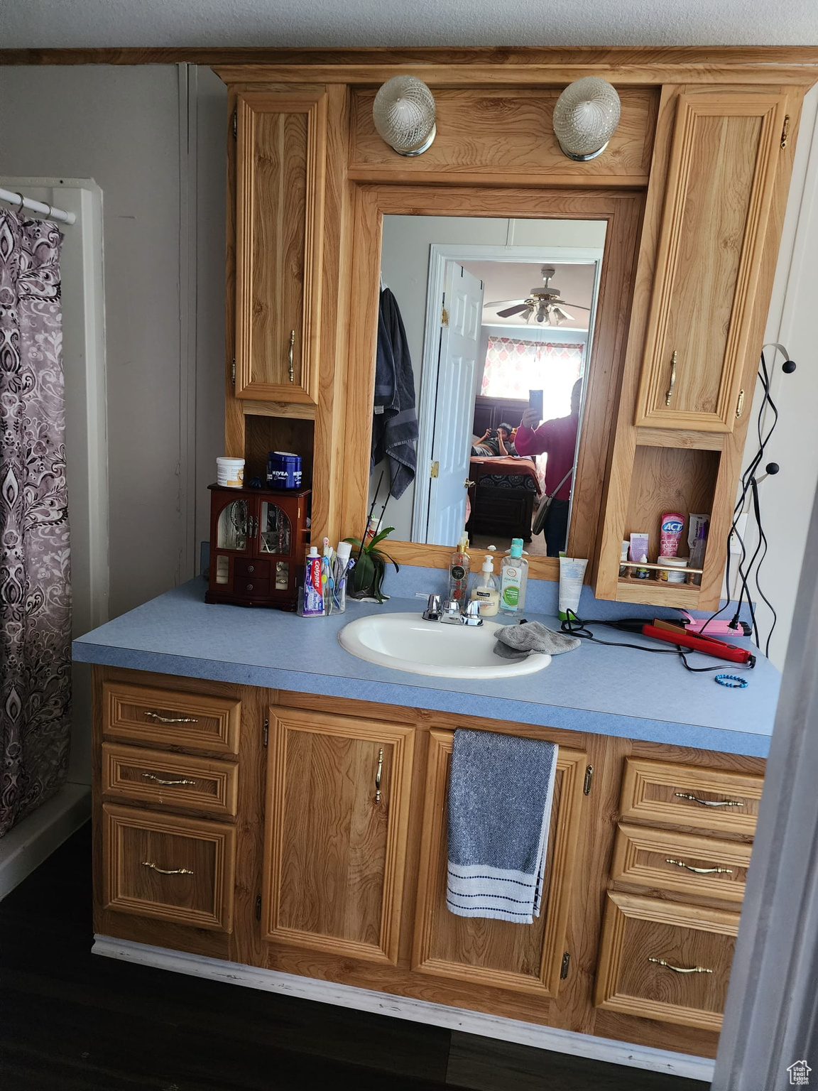 Bathroom with sink and dark wood-type flooring