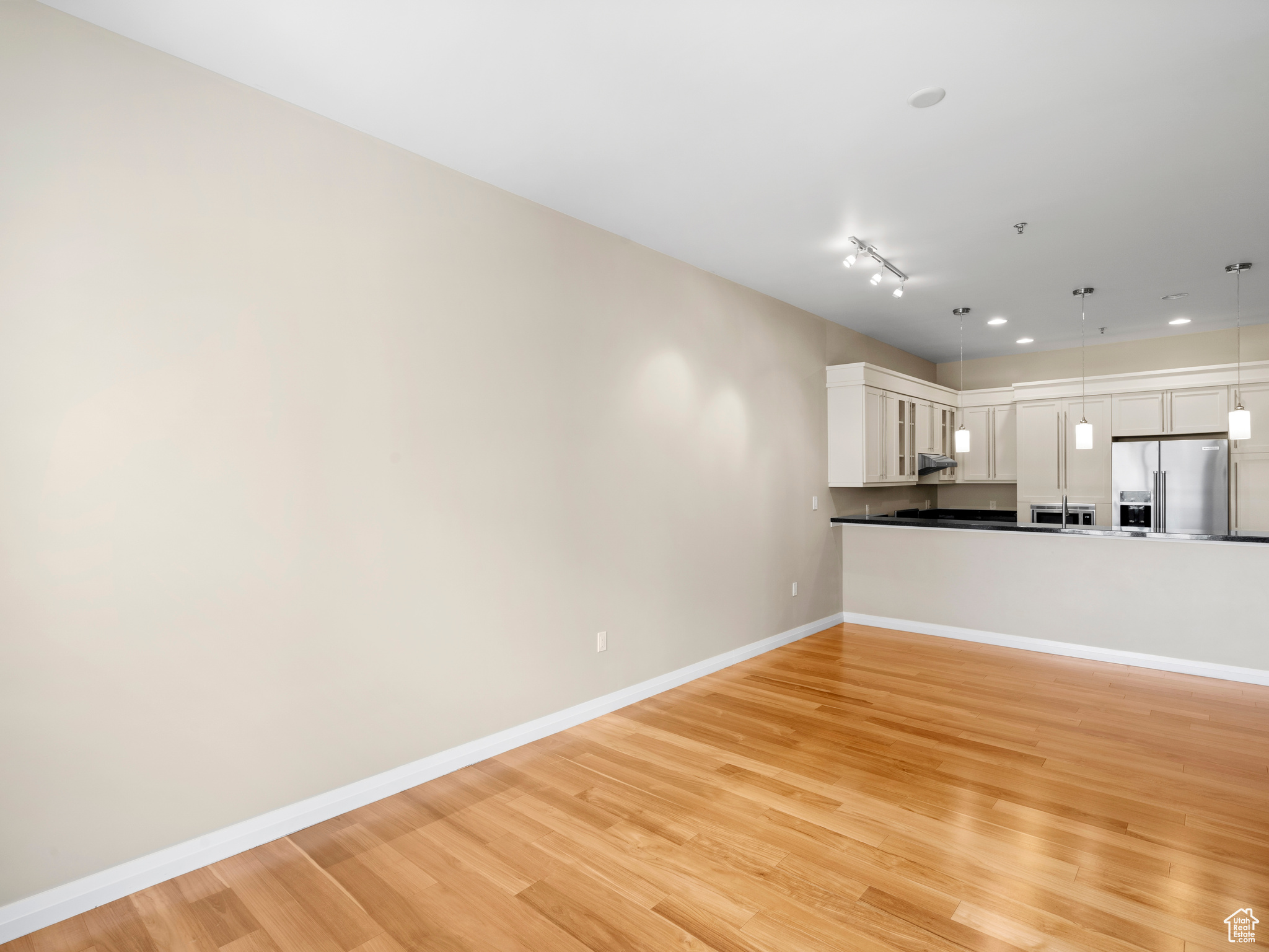 Unfurnished living room featuring track lighting and light hardwood / wood-style flooring