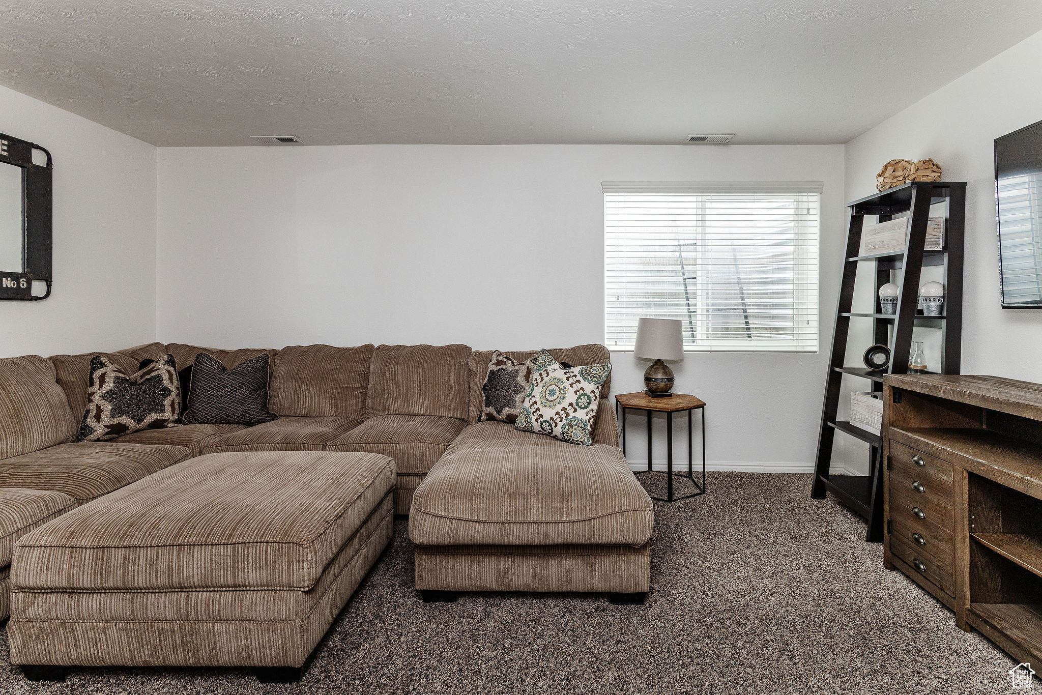 Living room with dark colored carpet