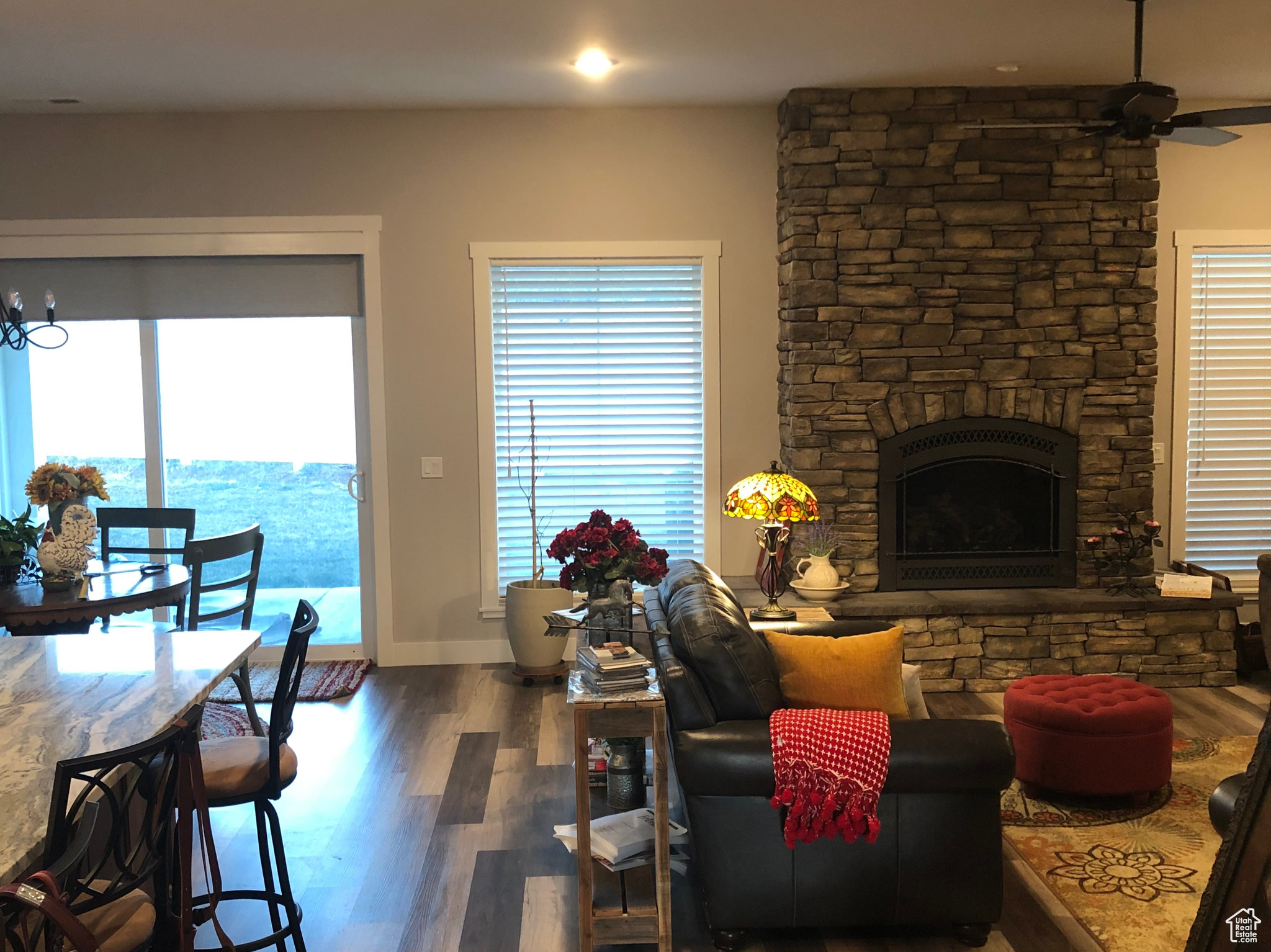 Living room featuring dark hardwood / wood-style floors, ceiling fan, and a fireplace