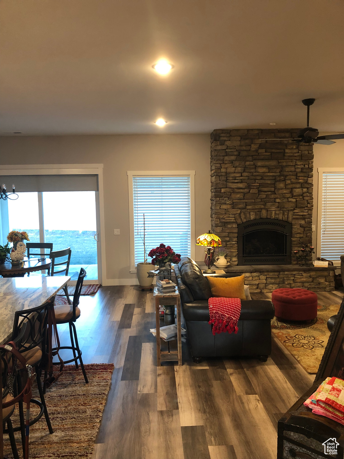 Living room featuring dark hardwood / wood-style flooring, ceiling fan, and a fireplace