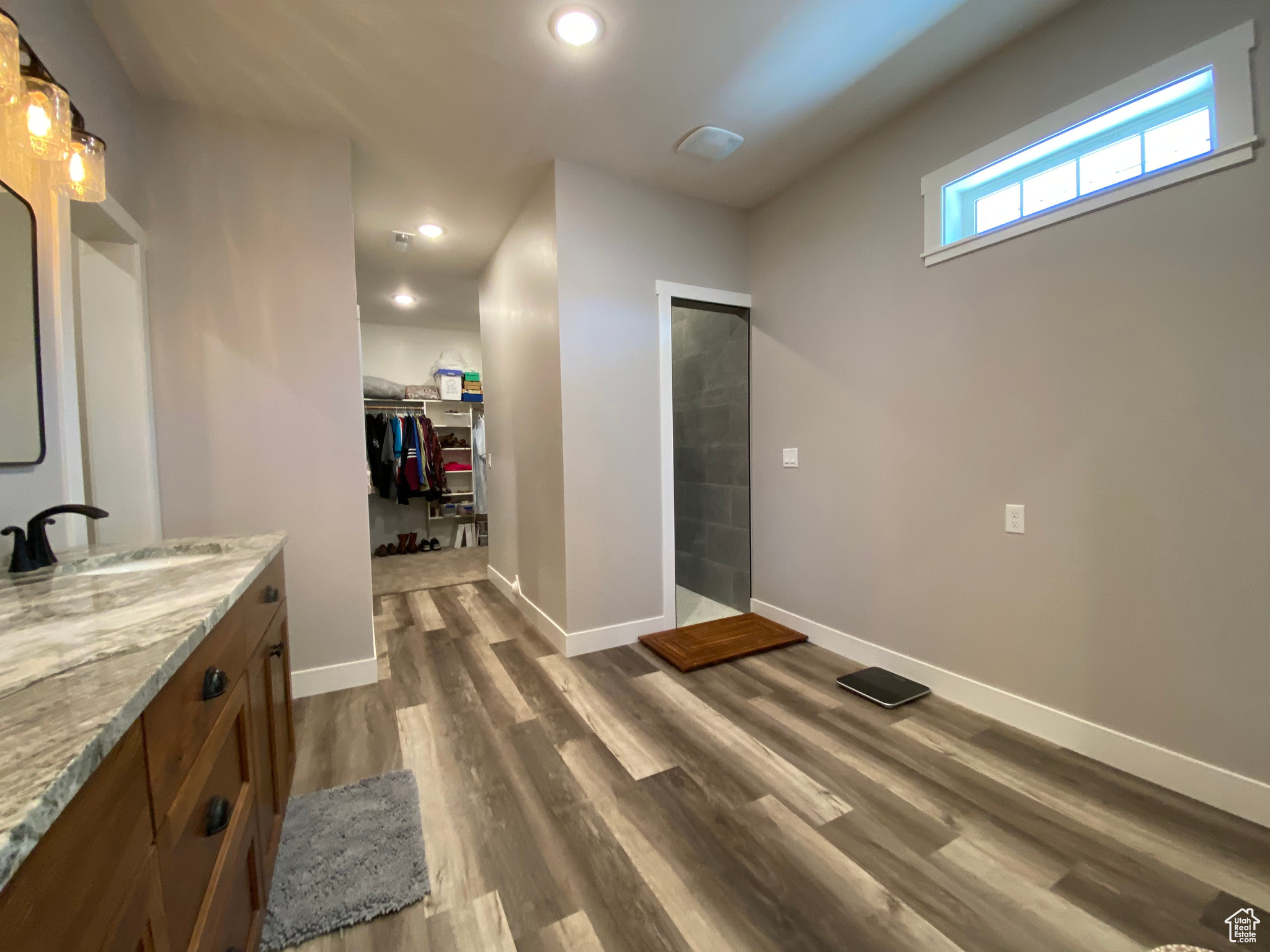 Bathroom with hardwood / wood-style flooring and vanity