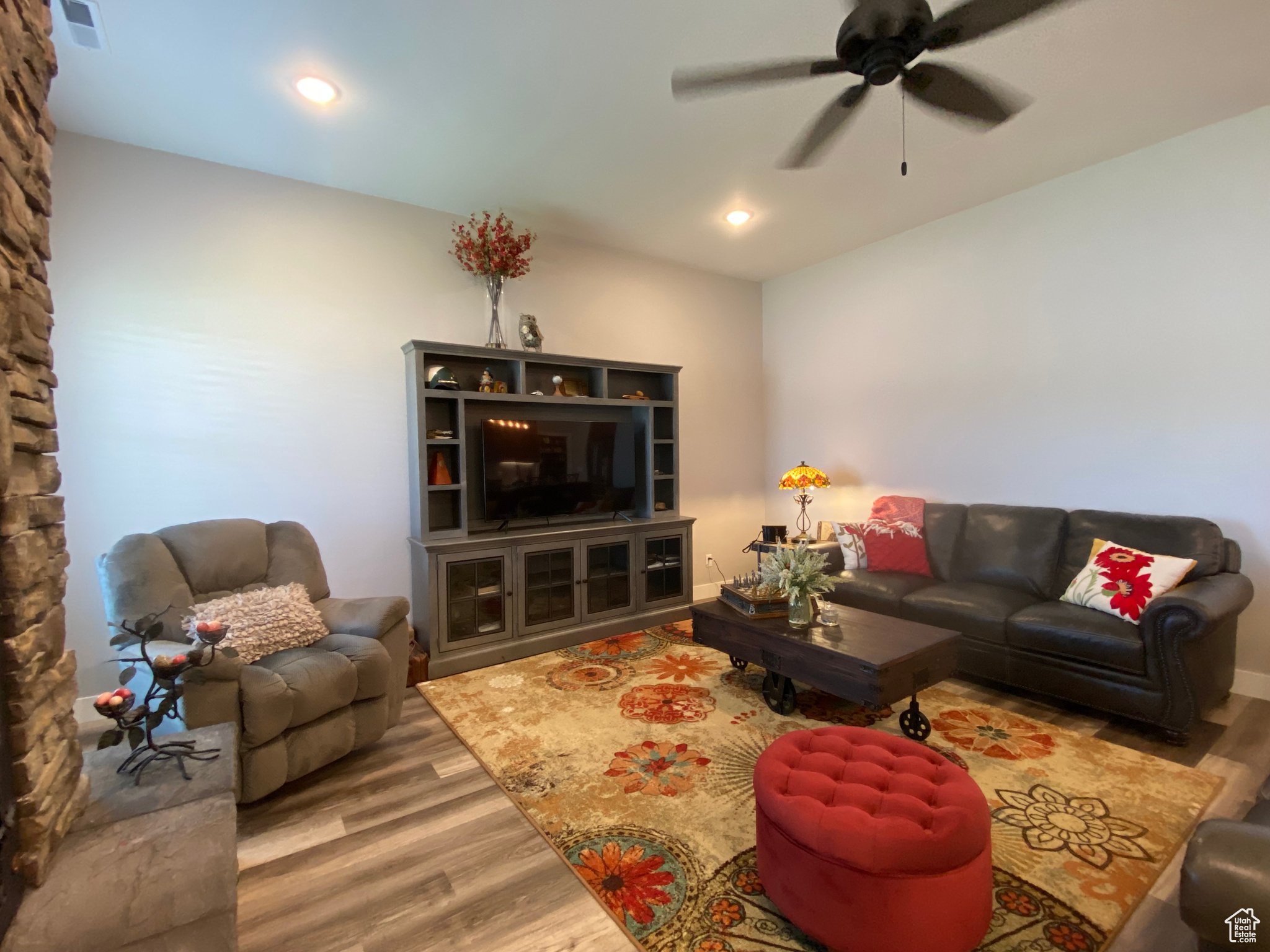 Living room featuring ceiling fan and wood-type flooring