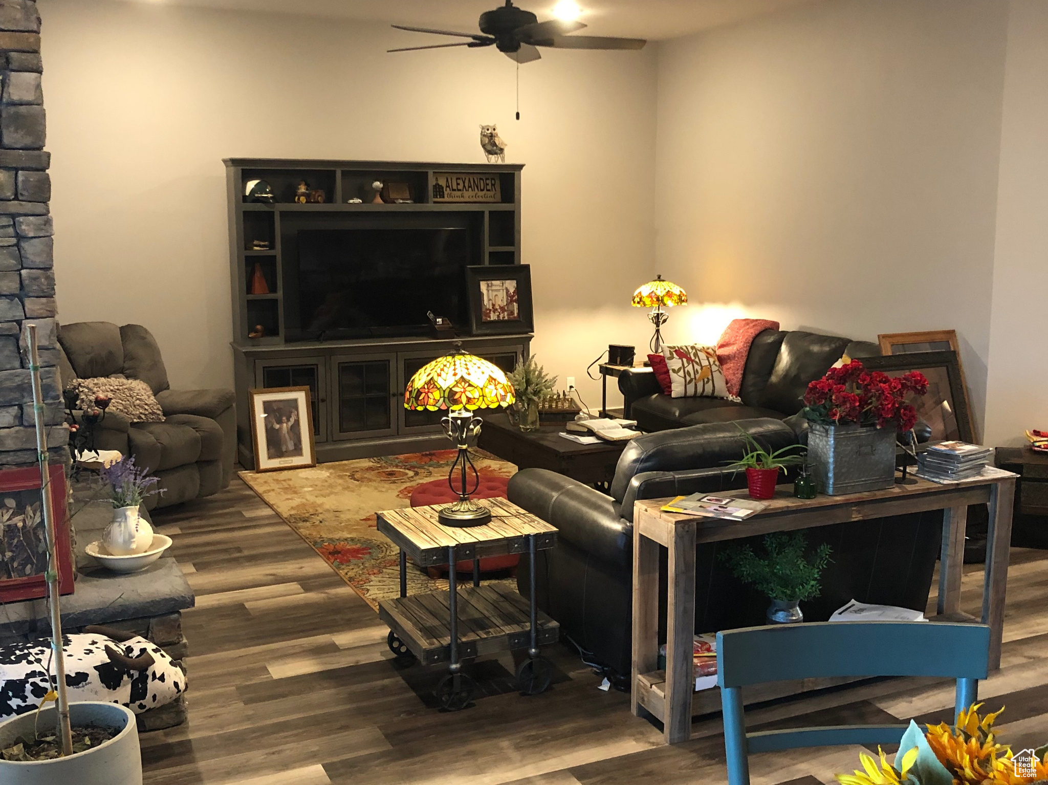 Living room with ceiling fan and hardwood / wood-style floors