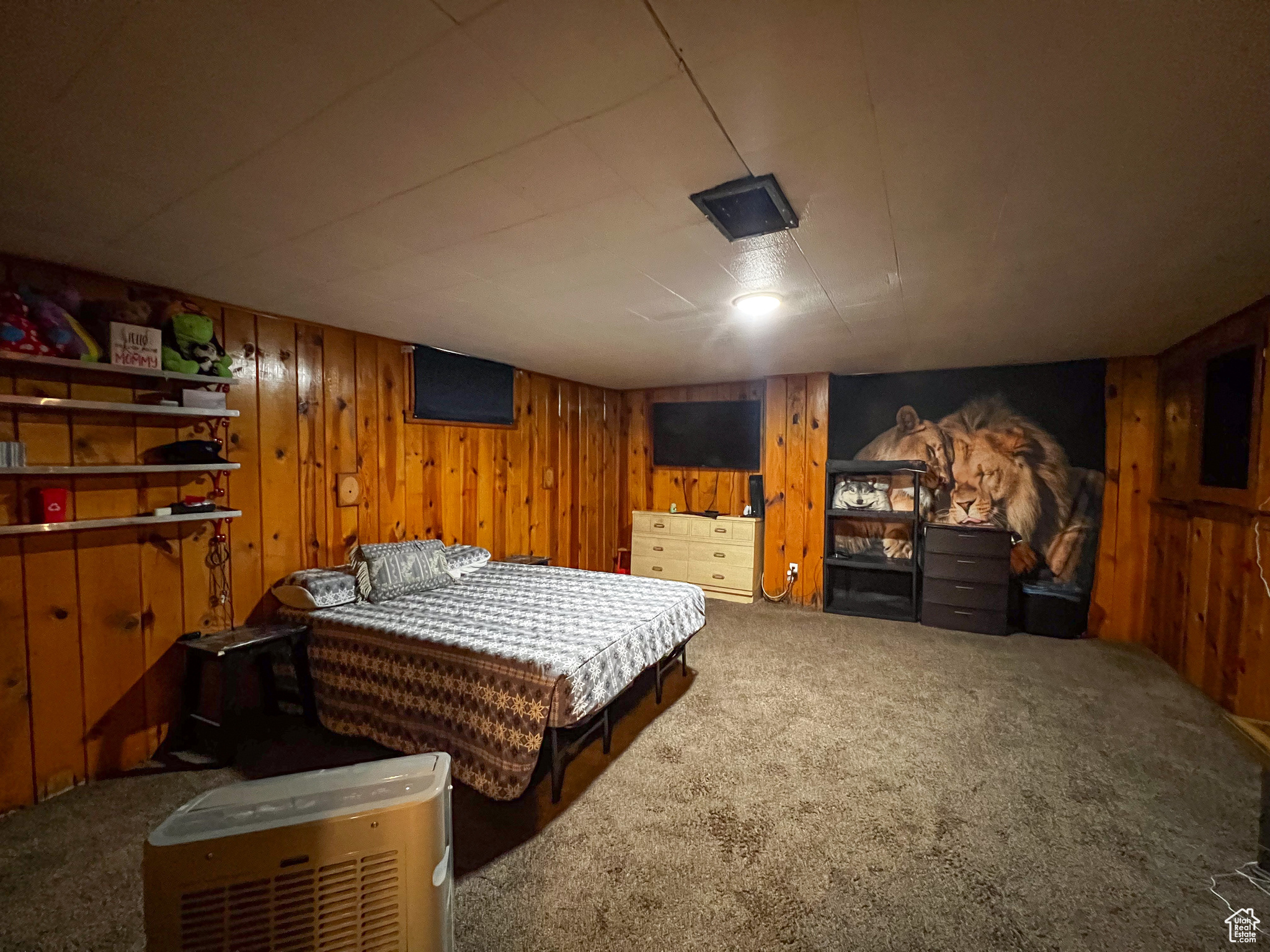 Carpeted bedroom with wooden walls