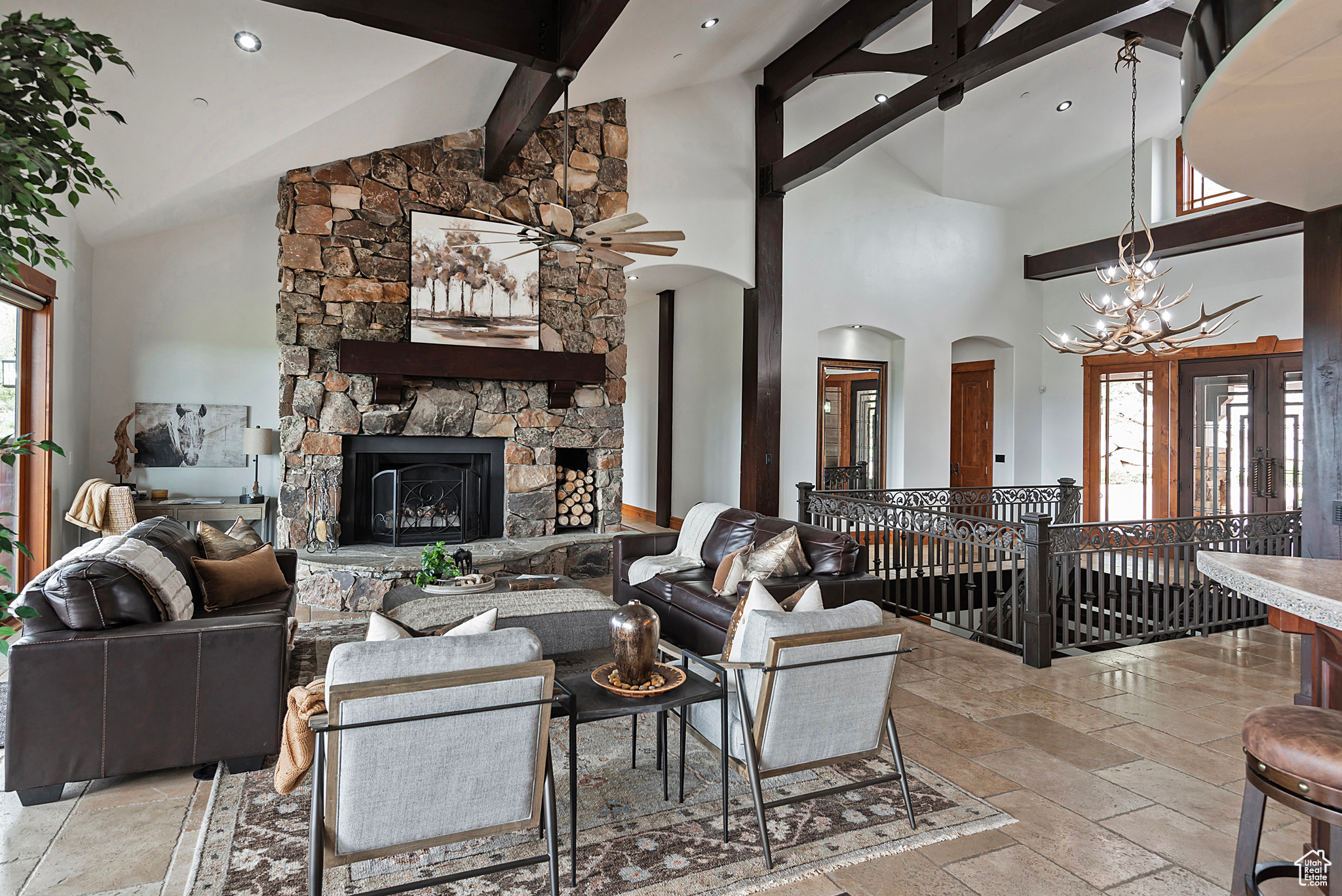 Entry & Living Room Area with Gorgeous Stone Fireplace