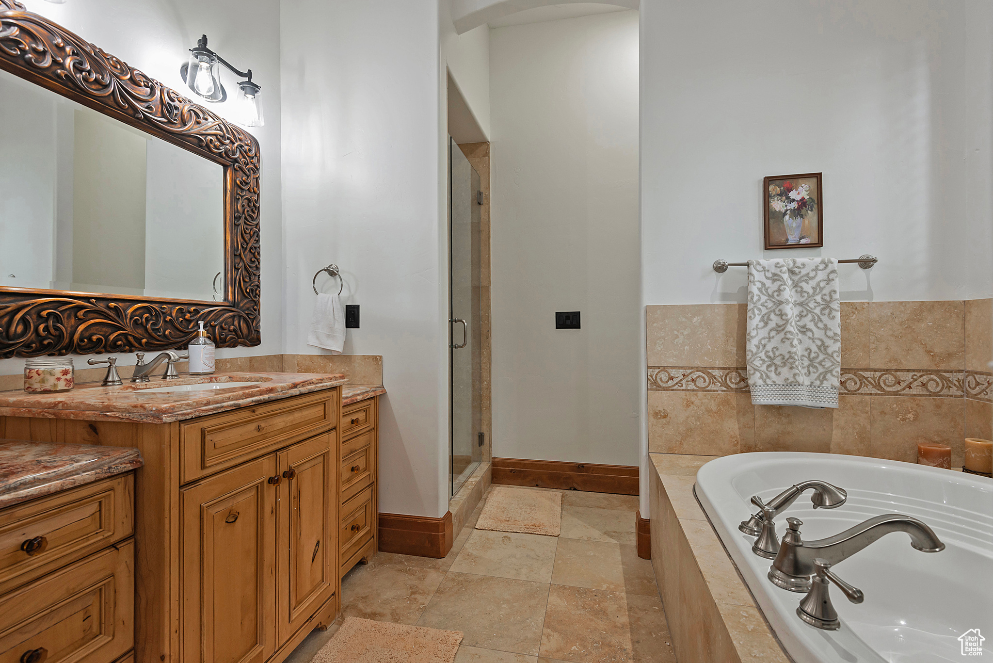 4th Bedroom Suite Bath featuring tile floors, independent shower and bath, and vanity