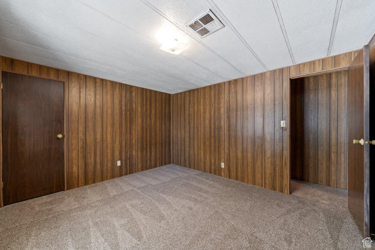 Spare room with wooden walls and carpet floors