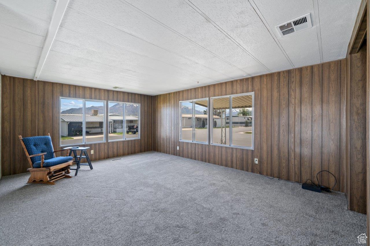 Unfurnished room with carpet flooring and wooden walls