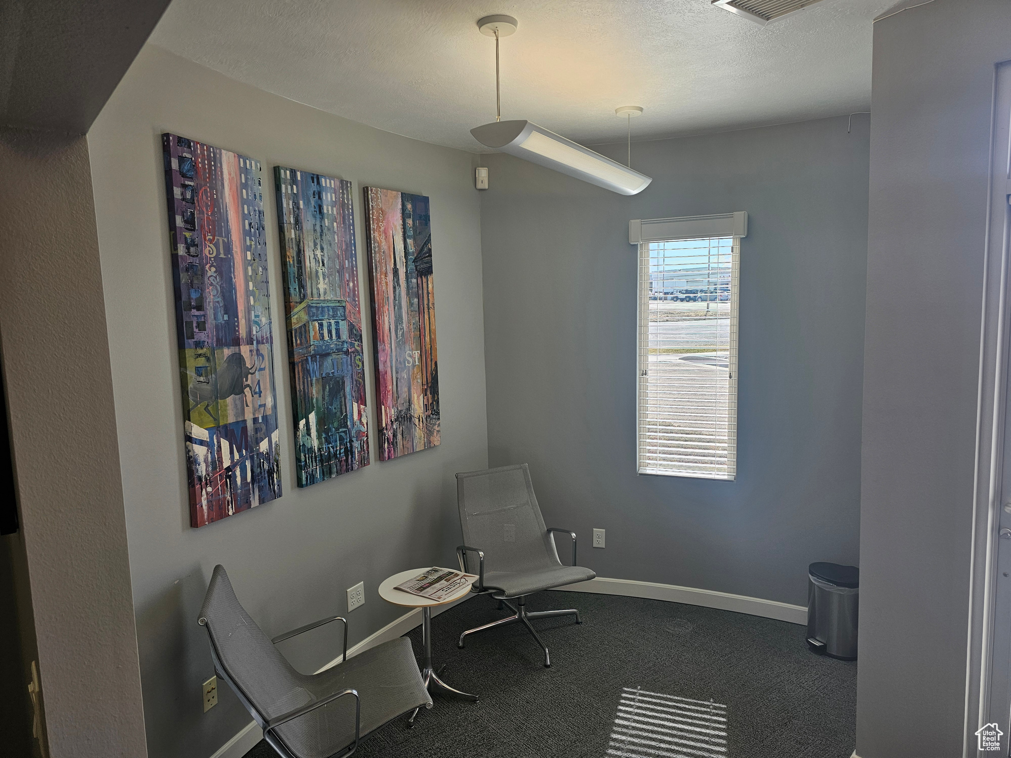 Sitting room with carpet and a textured ceiling