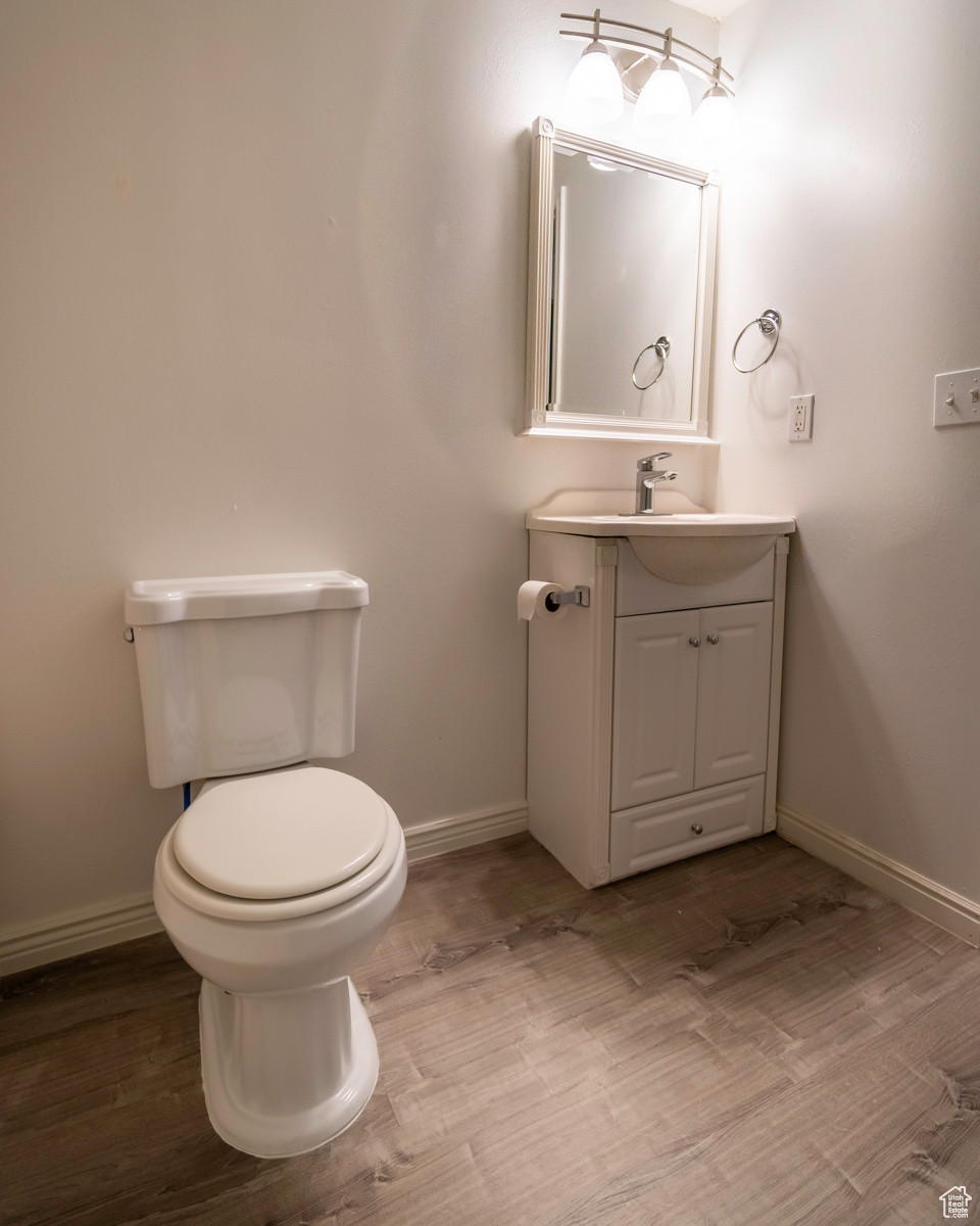 Bathroom featuring large vanity, toilet, and wood-type flooring