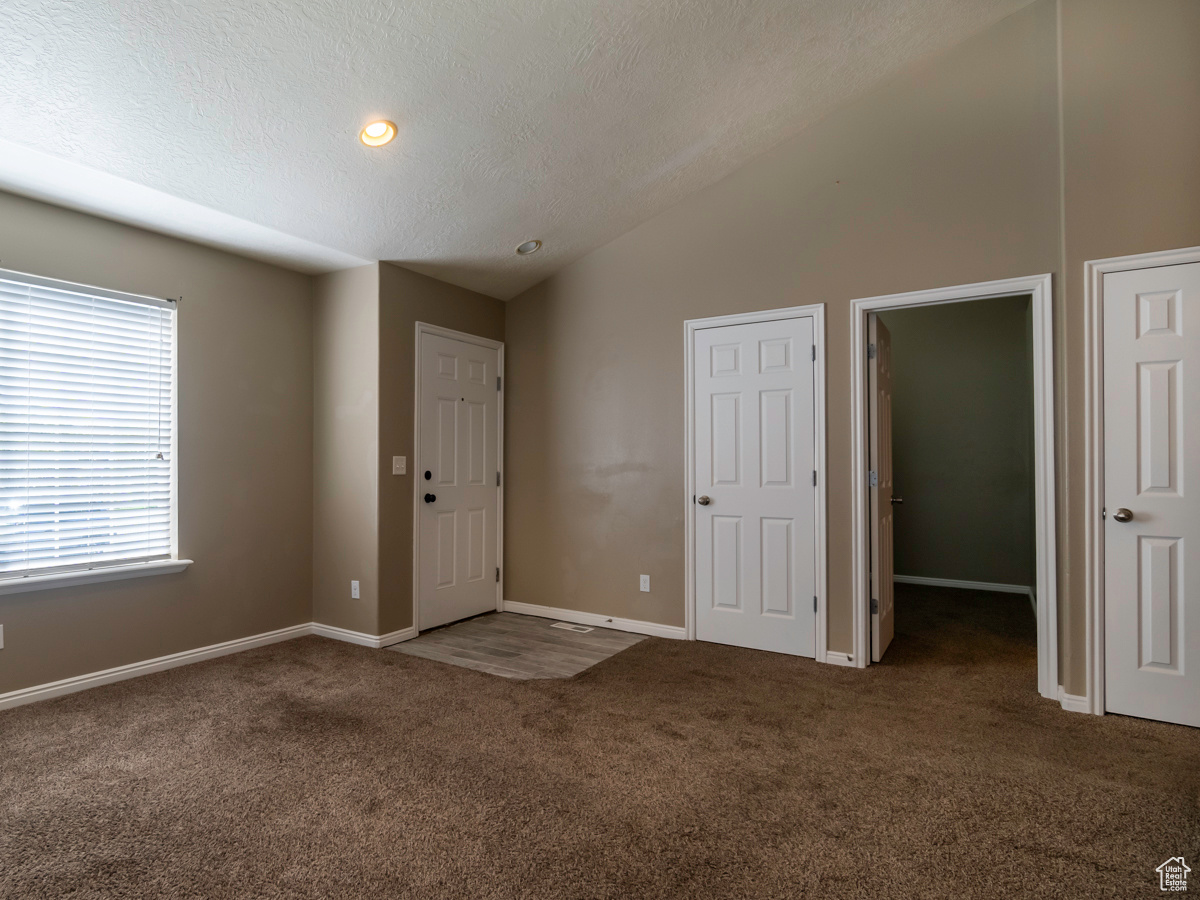 Foyer featuring dark colored carpet, a textured ceiling, and lofted ceiling