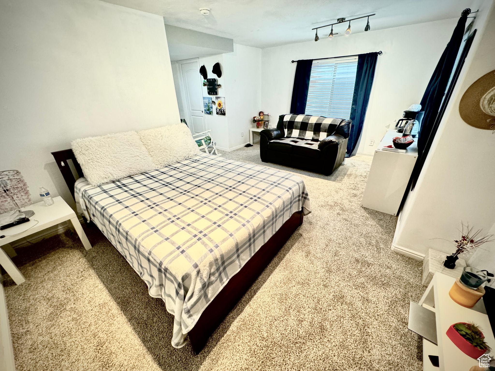 Bedroom featuring track lighting and carpet floors