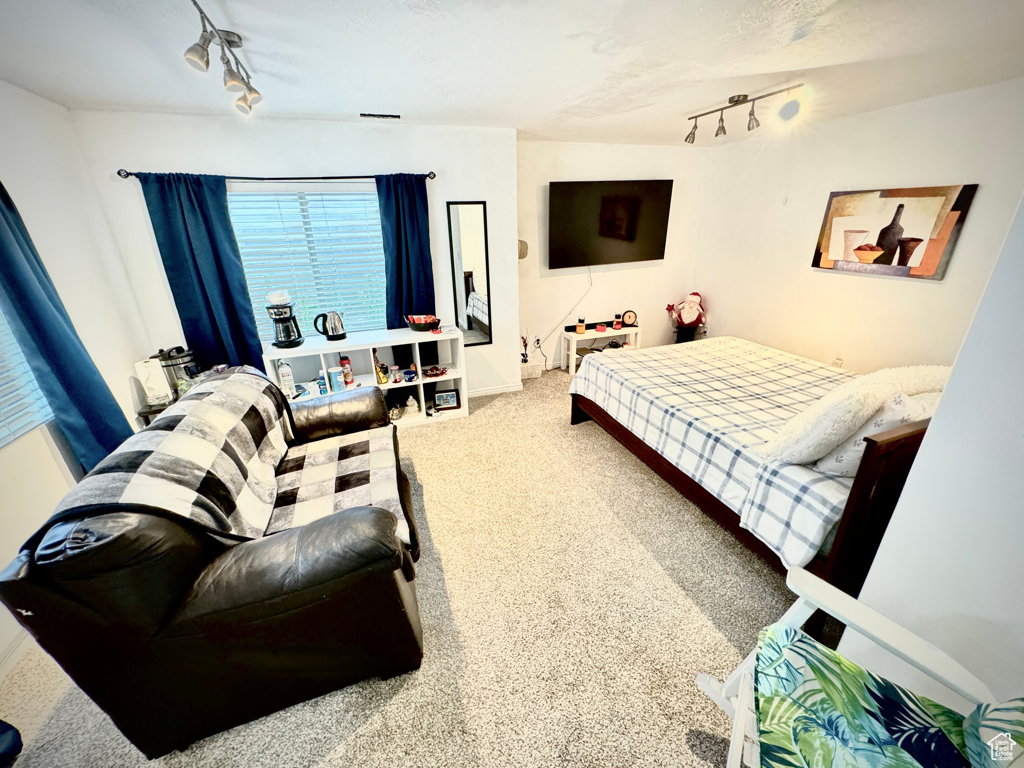 Bedroom with carpet flooring and rail lighting