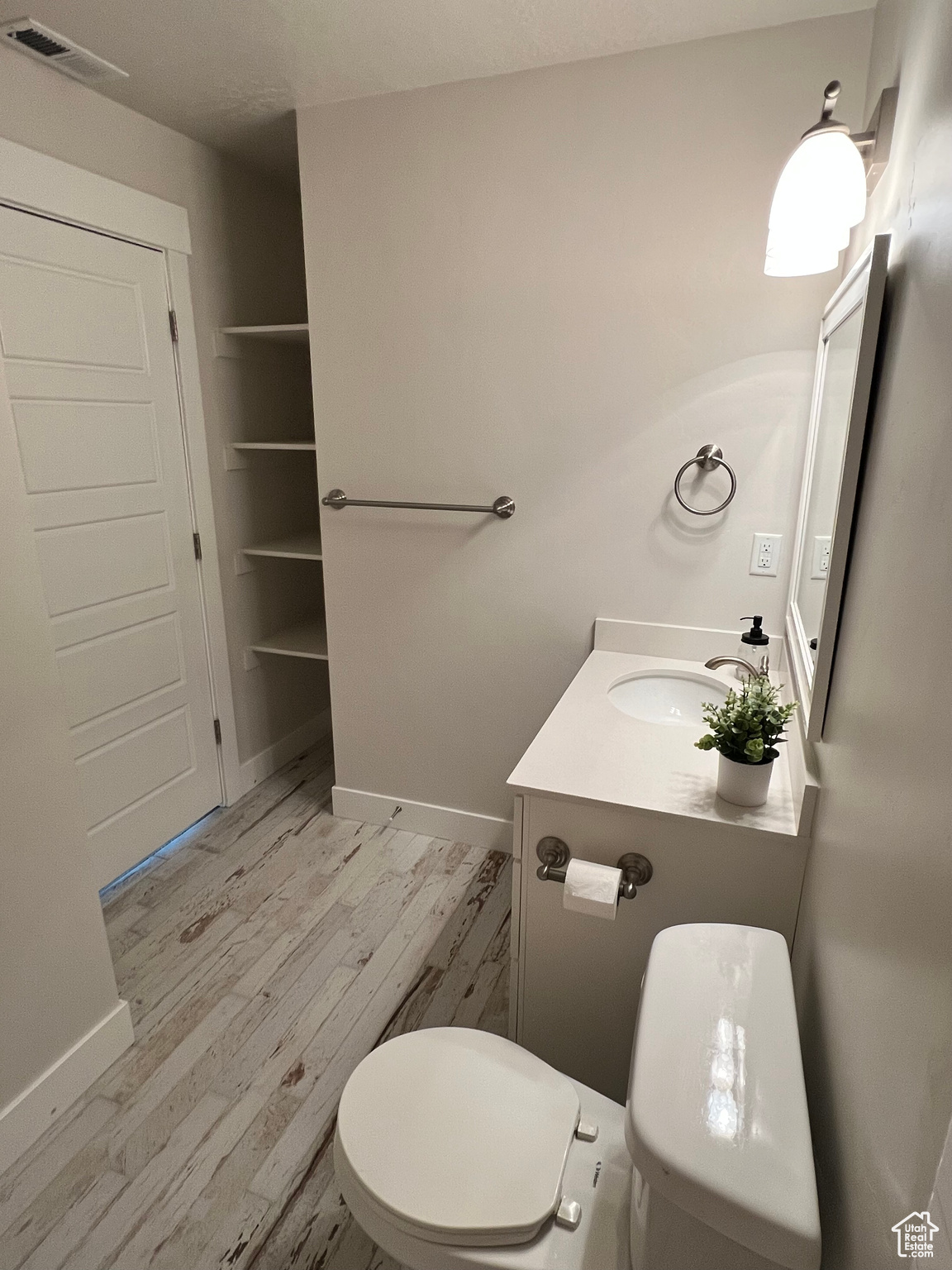 Bathroom with wood-type flooring, toilet, and vanity with extensive cabinet space