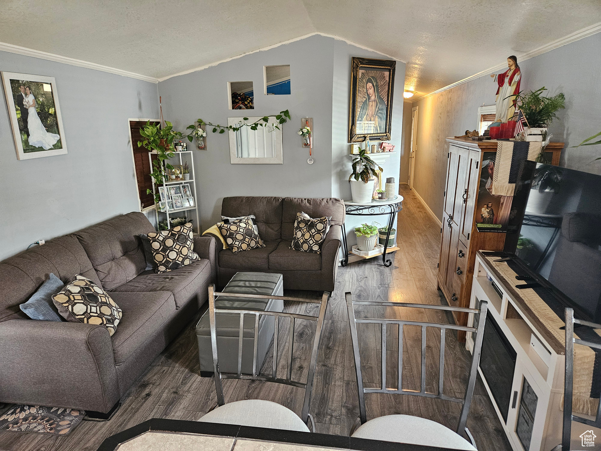 Living room featuring ornamental molding, a textured ceiling, and wood-type flooring