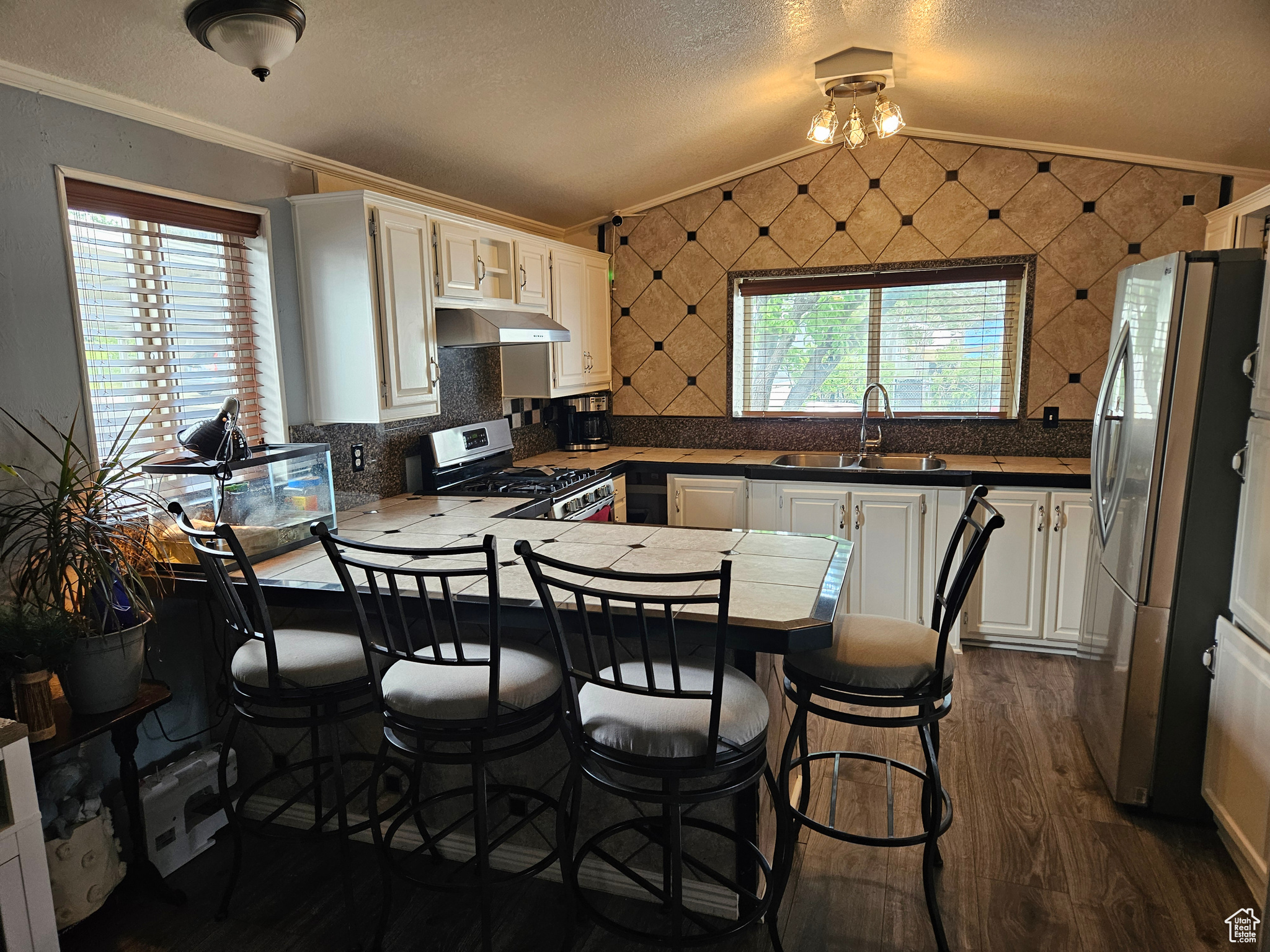 Kitchen with crown molding, appliances with stainless steel finishes, white cabinets, kitchen peninsula, and sink